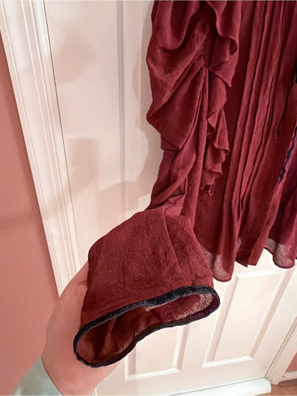 Zara Ruffled Tie-Neck Sheer Blouse - Burgundy - Picture 6 of 8